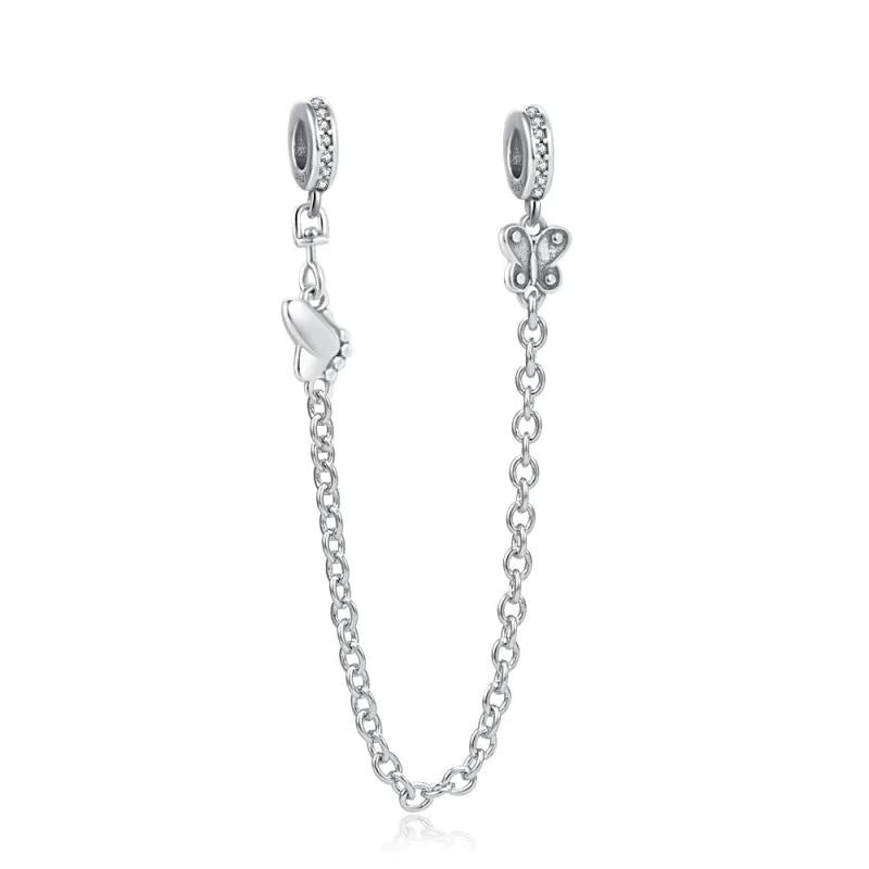 Silver 925 Sparkle Butterfly Safety Chain Charm Bead for Bracelet DIY Jewelry