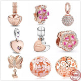 925 Silver Pink Daisy Flower Dangle Charm Rose Pendant Bracelet Jewelry