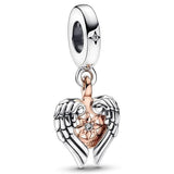 Daughter Heart Angel Wings Snowglobe Bell Pendant Charm 925 Sterling Silver Bead