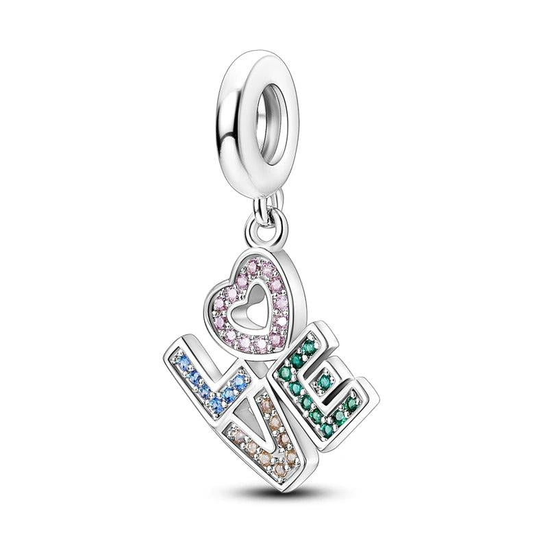 925 Silver LOVE Heart CZ Dangle Charm Beads for Bracelet