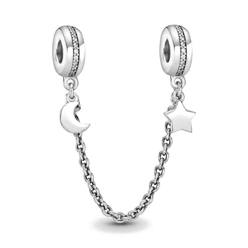 925 Silver Moon Star Safety Chain DIY Beads Fit Charms Bracelet