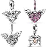 925 Sterling Silver Charm Sparkling Heart & Angel Wings Necklace Pendant