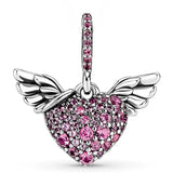 925 Sterling Silver Charm Sparkling Heart & Angel Wings Necklace Pendant