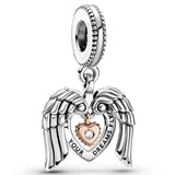 925 Sterling Silver Charm Sparkling Heart & Angel Wings Necklace Pendant