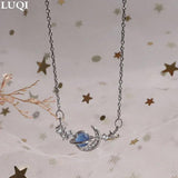 S925 Silver Zircon Planet Moon Pendant Necklace