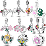 925 Sterling Silver Heart Flower Charm Bead Bracelet DIY Jewelry Gift