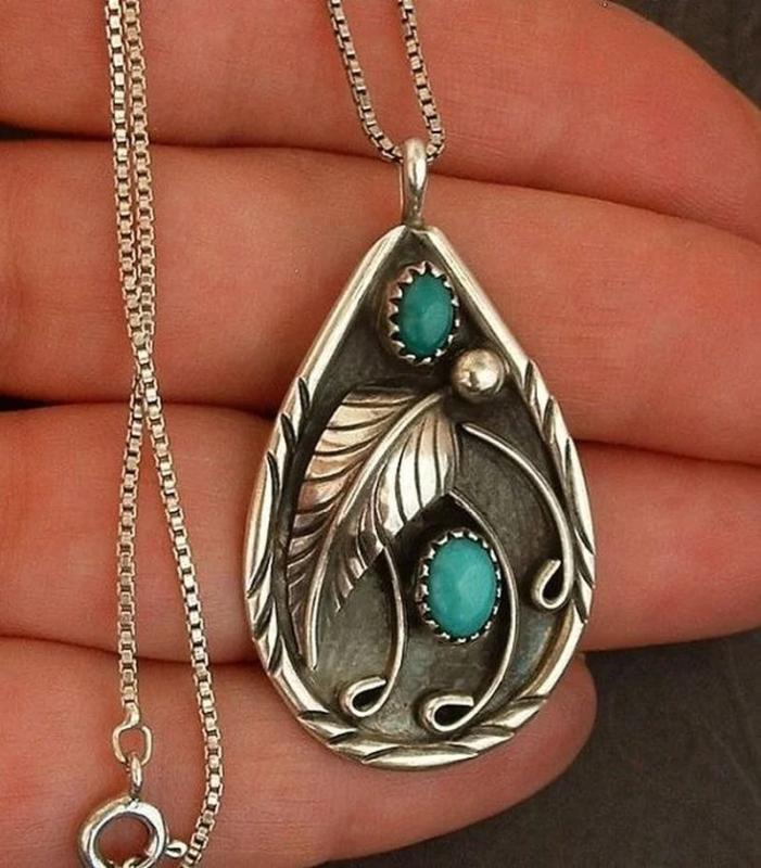 Vintage Turquoise Feather Pendant S925 Silver Necklace Engagement Gift