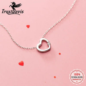 TrustDavis 925 Silver Sweet Heart CZ Pendant Necklace For Women