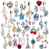 925 Silver Pink Turtle Parrot Chameleon Cherry Charm Bead Pendant Bracelet