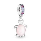 925 Silver Pink Turtle Parrot Chameleon Cherry Charm Bead Pendant Bracelet