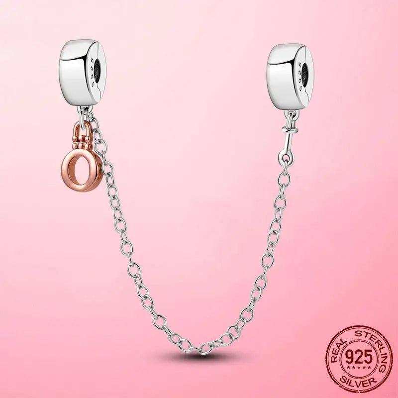 925 Silver Band of Heart Safety Chain Charm Beads for Bracelet Jewelry Making