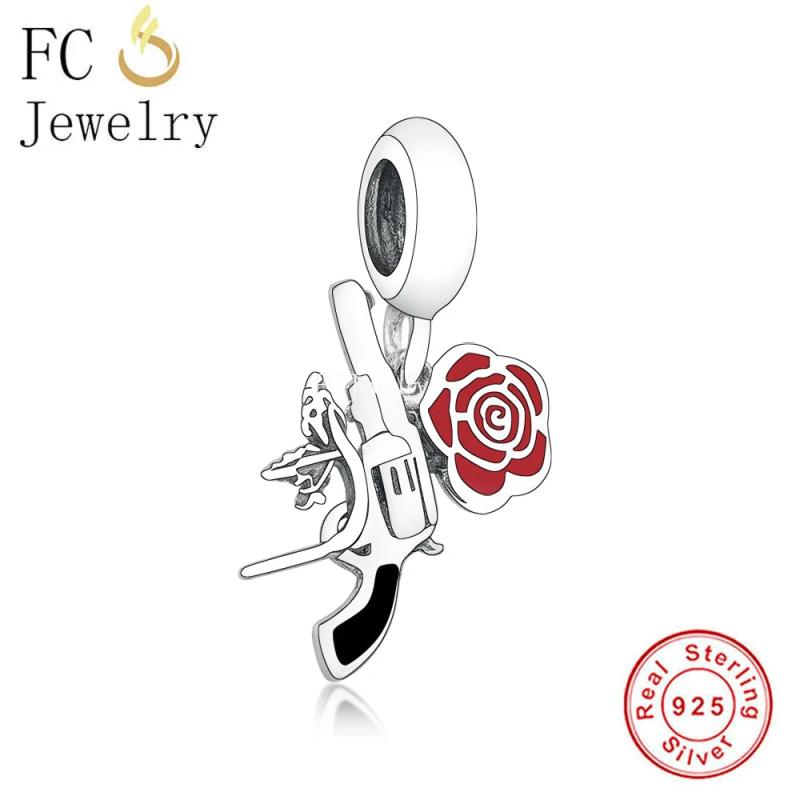 925 Silver Red Flower Rose Charm Bead Bracelet