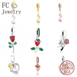 925 Silver Red Flower Rose Charm Bead Bracelet