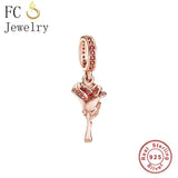 925 Silver Red Flower Rose Charm Bead Bracelet