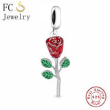 925 Silver Red Flower Rose Charm Bead Bracelet