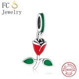 925 Silver Red Flower Rose Charm Bead Bracelet