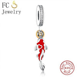 925 Silver Red Carp Fish Coin Beads Pendant Berloque