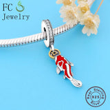 925 Silver Red Carp Fish Coin Beads Pendant Berloque