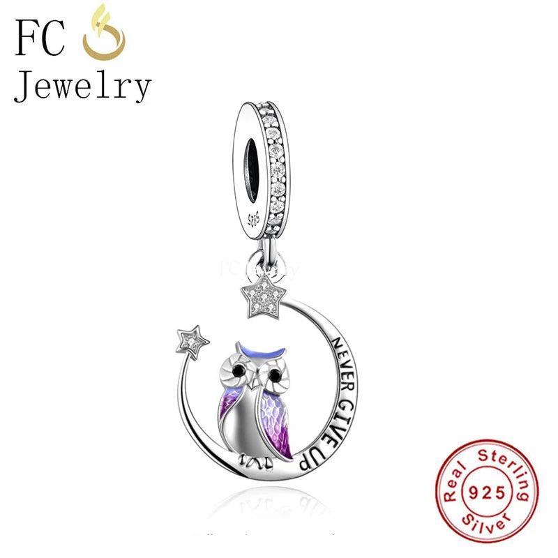 925 Silver Never Give Up Purple Enamel OWL Bead Bracelet Charm