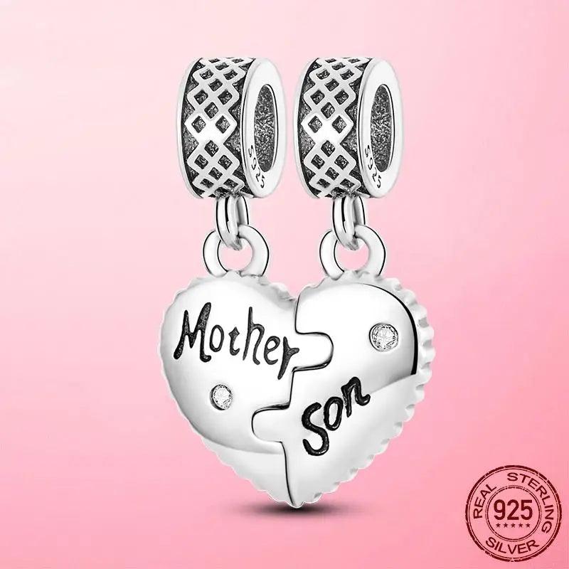 925 Silver Mother Son Heart Dangle Charm for DIY Jewelry