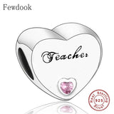 925 Silver Heart Pink Stone Teacher Charm Bracelet Bead
