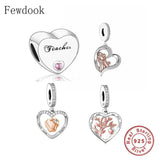 925 Silver Heart Pink Stone Teacher Charm Bracelet Bead
