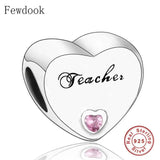 925 Silver Heart Pink Stone Teacher Charm Bracelet Bead