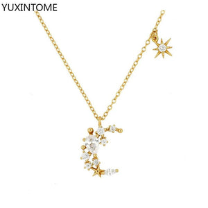 925 Silver Moon Star Crystal Pendant Necklace for Women Boho Jewelry