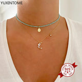 925 Silver Moon Star Crystal Pendant Necklace for Women Boho Jewelry