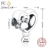 925 Silver Fur Mom Love Heart Dog Paw Charm Bead
