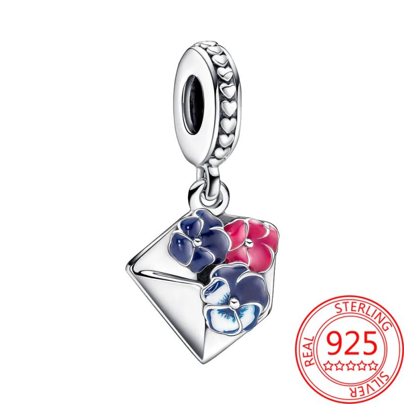 925 Silver Gem Pansy Flower Pendant Charm for Bracelet DIY Gift
