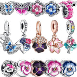 925 Silver Gem Pansy Flower Pendant Charm for Bracelet DIY Gift