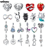 925 Silver CZ Crown Heart Beads Charm Pendant for Bracelet Bangle
