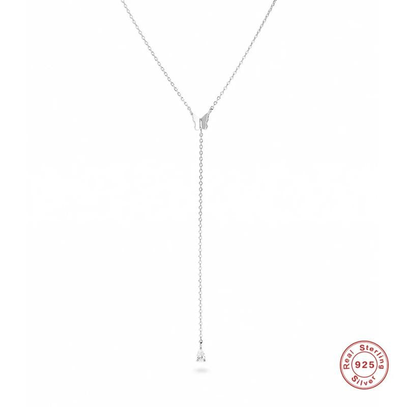 925 Silver Y Shape Butterfly Necklace Water Drop Zircon Charm Tassel Choker