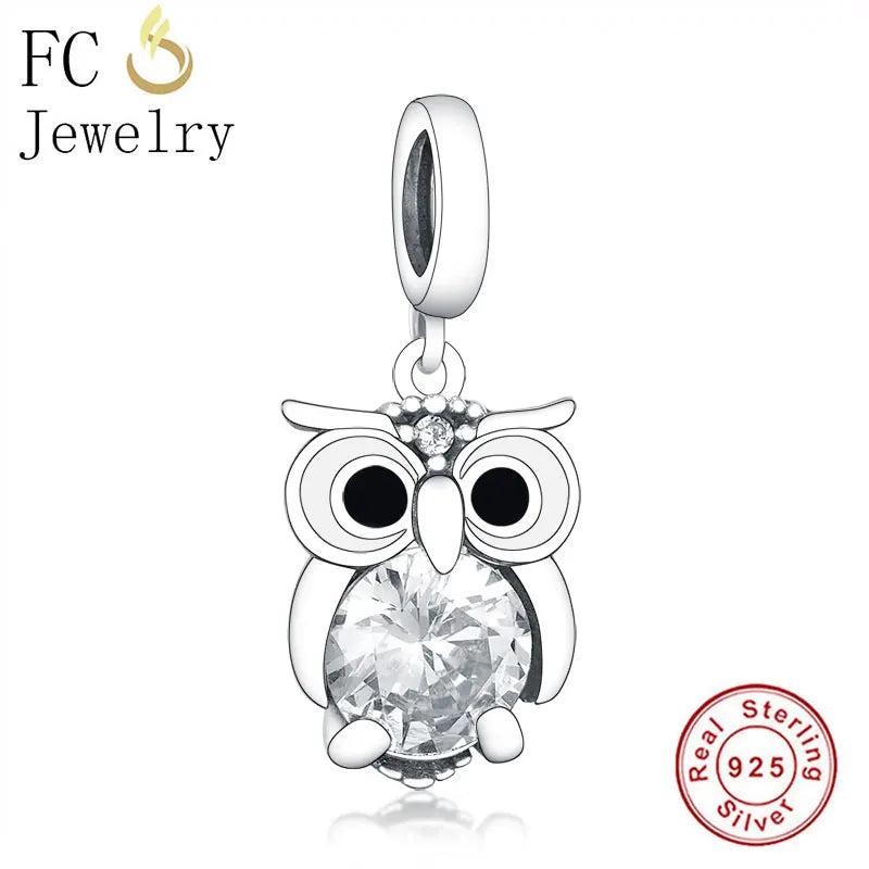 925 Silver Zirconia Owl Enamel Charm Bead for Bracelet Making