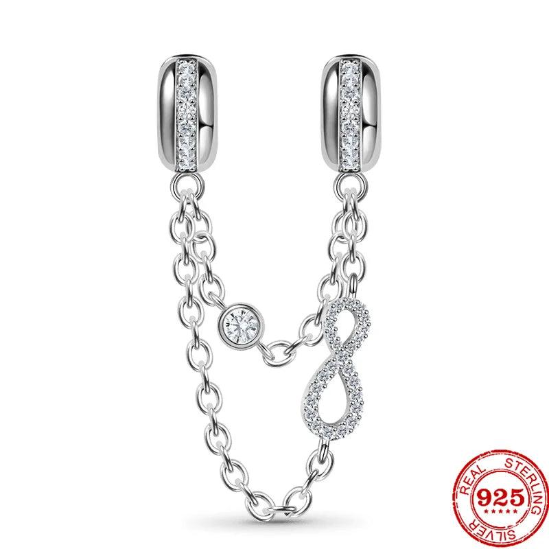 Crystal Gemstone Sterling Charm Bead Safety Chain for 925 Silver Bracelet