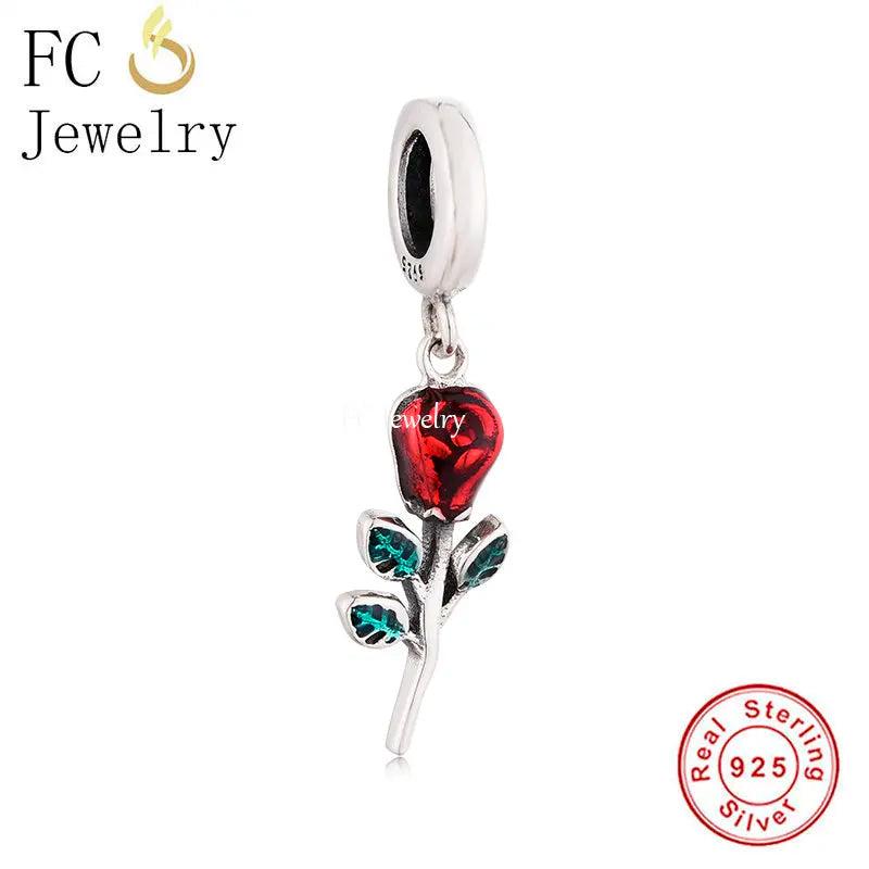 925 Silver Red Rose Flower Charm for Bracelet