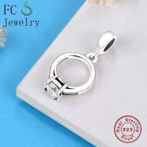 925 Silver Floating Ring Beads Pendant CZ Women DIY