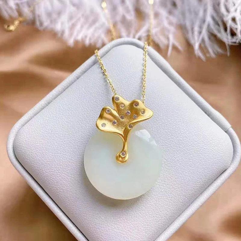 Natural Hetian Jade Round Ginkgo Leaf Diamond Pendant Necklace