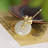 Natural Hetian Jade Round Ginkgo Leaf Diamond Pendant Necklace