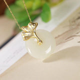 Natural Hetian Jade Round Ginkgo Leaf Diamond Pendant Necklace