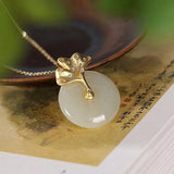 Natural Hetian Jade Round Ginkgo Leaf Diamond Pendant Necklace