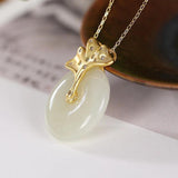 Natural Hetian Jade Round Ginkgo Leaf Diamond Pendant Necklace