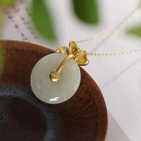 Natural Hetian Jade Round Ginkgo Leaf Diamond Pendant Necklace