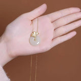 Natural Hetian Jade Round Ginkgo Leaf Diamond Pendant Necklace