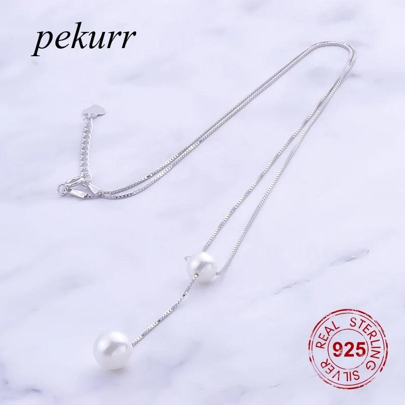 925 Silver 2 Round Pearl Necklace Box Chain Pendant