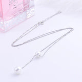 925 Silver 2 Round Pearl Necklace Box Chain Pendant