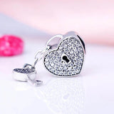 Love Heart Lock & Key Crystal Pendant Beads 925 Sterling Silver Charm Bracelet