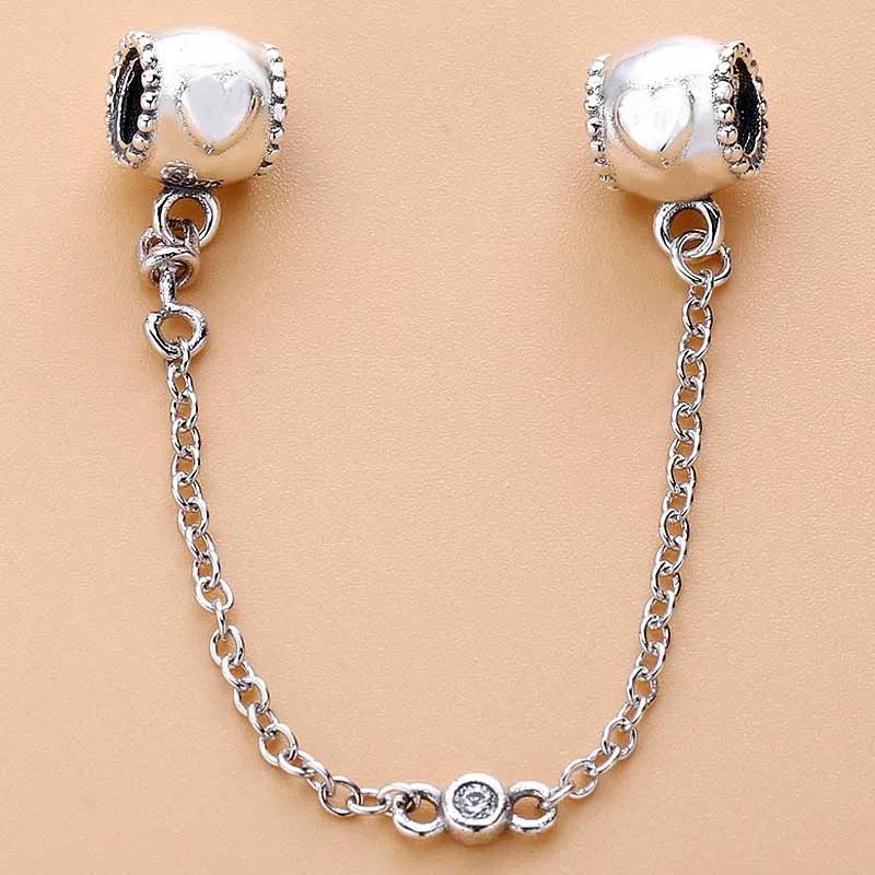 Embossed Heart Crystal Safety Chain Beads 925 Silver Charm Bracelet