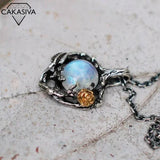Colorful Moonlight Stone Rose Pendant Tree Leaf Necklace